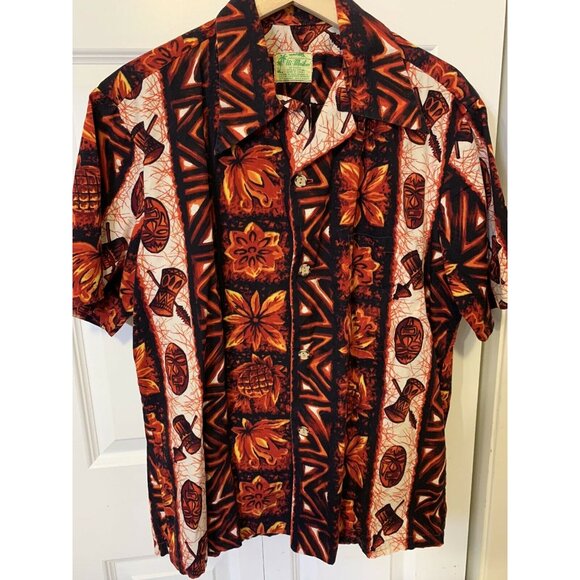 Ui Maikai Vintage Hawaiian Shirt Tiki Mask Drum Pineapple Plant Men's M / L Red - Picture 3 of 8